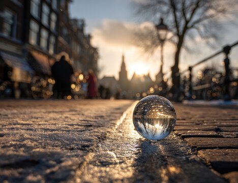 A crystal ball refracts a winter city scene at sunrise
