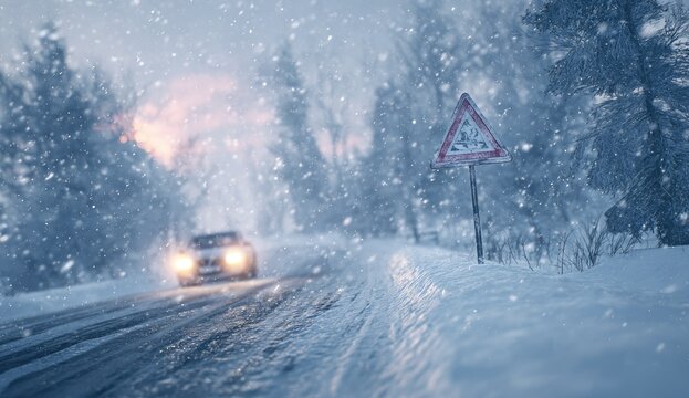 Car on a snowy road with a warning sign, headlights illuminate falling snow