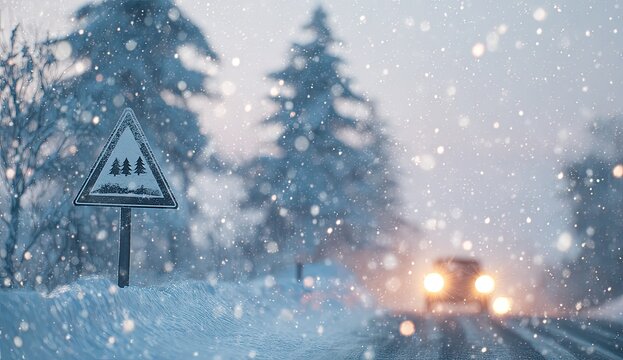 Snow-covered trees and road sign during a winter storm, car headlights glow