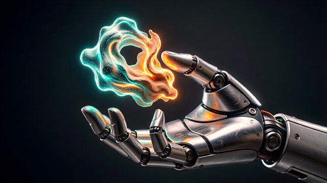 Robotic Hand Sculpting Holographic 3D Object in Mid-Air with Fingers Manipulating Luminous Clay-Like Material Glowing Teal and Amber in Dark Studio Environment