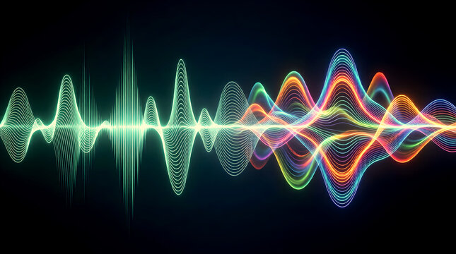 Generative AI Music Visualization with Sound Waves Transforming into Luminous Visual Patterns Morphing from Teal Frequency Waves to Colorful Abstract Shapes Across Dark Background