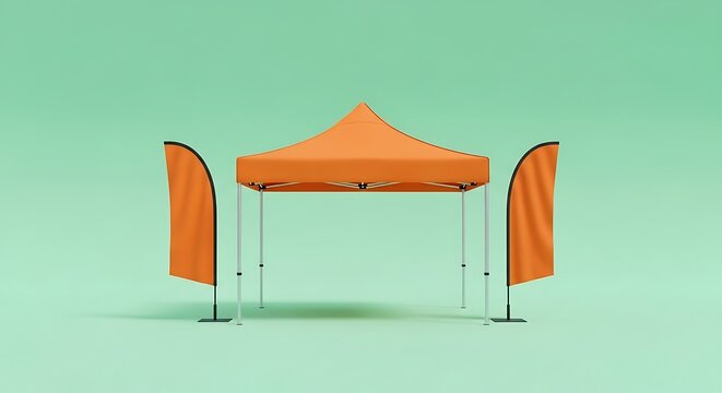 Orange canopy tent with flags set up outdoors on a light green background.