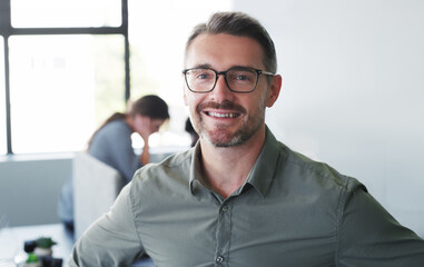 Smile, portrait and glasses with business man in office for about us, magazine publisher and professional. Pride, newsroom reporter and coworking startup with mature person in agency for confidence