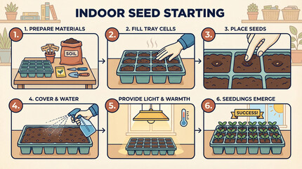 Indoor Seed Starting Process Infographic for Early Plant Growth Workflow.