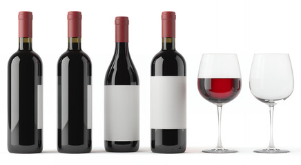 Wine bottles and wine glasses on white red wine