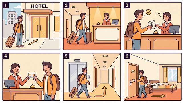 Hotel Check-In Numbered Step No Text Arrival Storyboard.