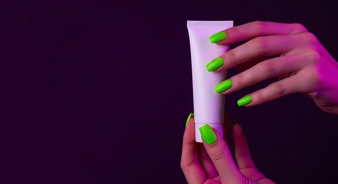 Womans hands holding a white tube with bright green nail polish against a dark background.