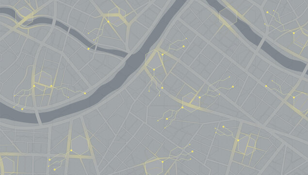 Dark grey city map with yellow network connections. Vector illustration.