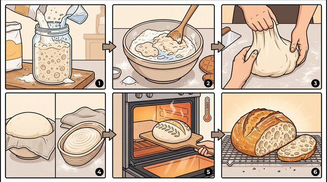Sourdough Bread Making No Text Numbered Step Visual Guide from Starter to Loaf.