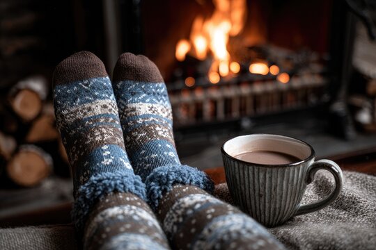 Cozy feet in patterned socks rest near a warm fireplace with a hot drink