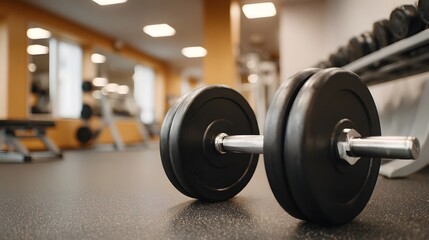 Naklejka premium Close up of a heavy dumbbell on the floor in a modern gym with blurred equipment in the background