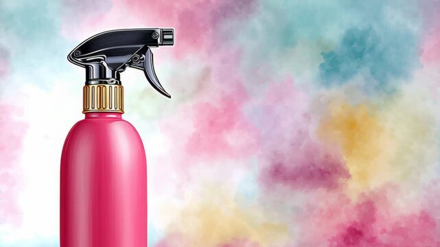 Pink spray bottle with black nozzle positioned against a colorful abstract background, showcasing a gradual shift in focus and perspective across the frames