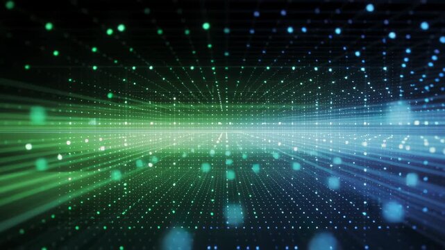 Green blue digital code glitch crt compression pixel breakdown motion matrix overlay tech analog horizon of streaming dots and lines forming dynamic data tunnel with light streaks and soft depth