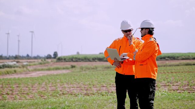 Construction workers collaborate on renewable energy project open field photo outdoor eye-level teamwork and innovation