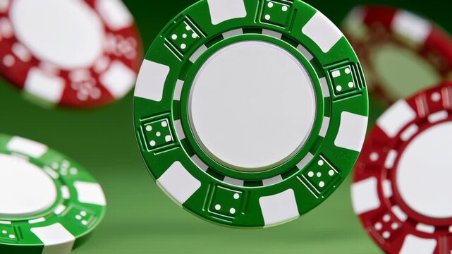 Green and red poker chips floating above a green felt surface, showcasing a dynamic motion sequence of gambling tokens in mid-air during a game setting
