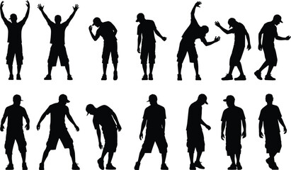 Silhouette dance poses of a person in casual clothing, showing dynamic movement, expressive gestures, rhythm, choreography, performance, and artistic body language © Horgobinda