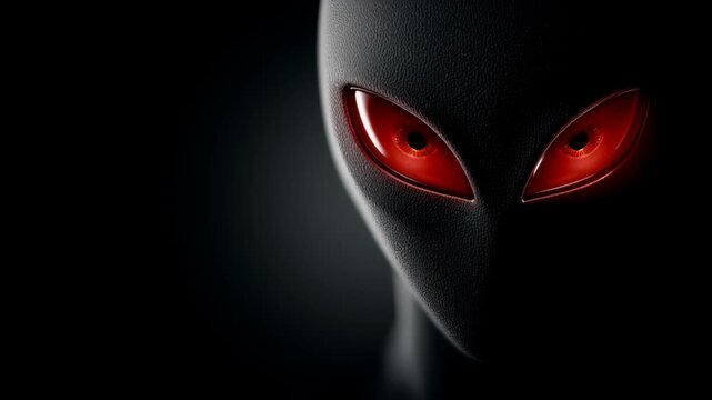 Alien figure with large red eyes and smooth black skin emerges from darkness, showcasing a mysterious and captivating presence in a dimly lit environment