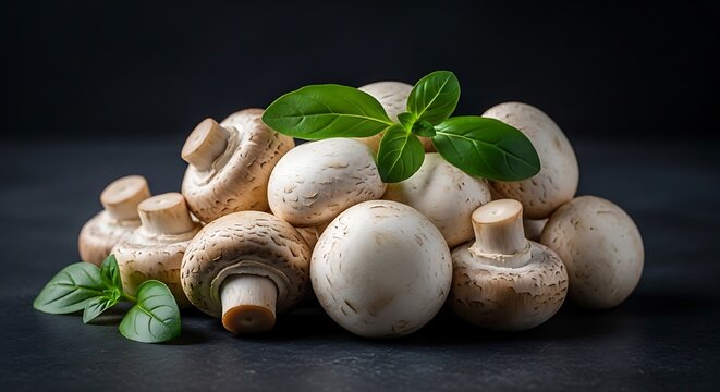 Fresh white mushrooms with mint garnish on a dark background. mush