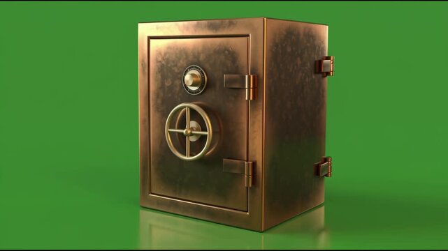 Old Metal Safe Box with Combination Lock and Handle, Isolated on Green Background. Security and Valuables Concept, 3D Render.