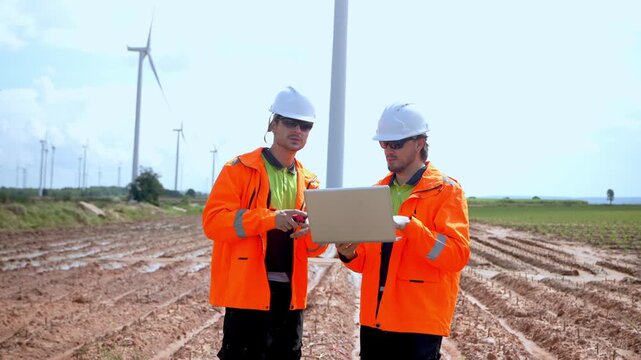 Construction workers collaborating on renewable energy project wind farm digital consultation outdoor setting wide angle innovation