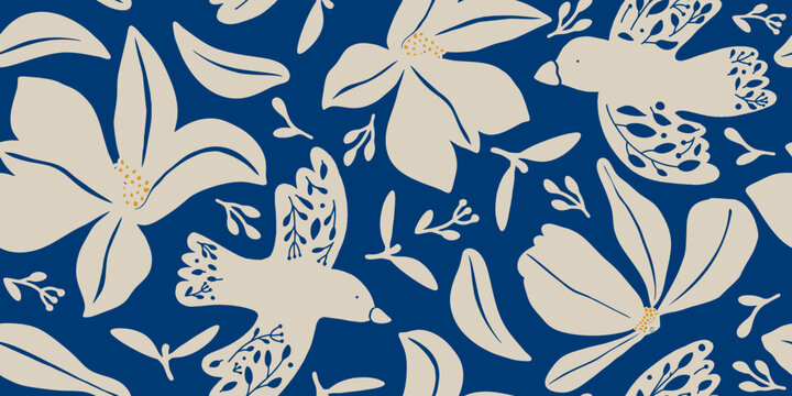 Seamless Pattern with Stylized Birds and Flowers on Blue Background