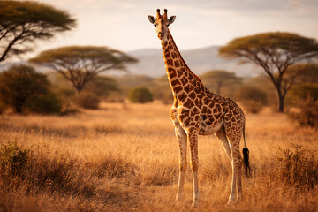 Obraz premium Giraffe Standing in African Savanna Landscape with Acacia Trees at Sunset