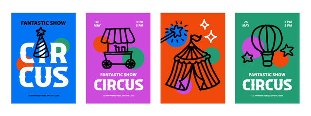 Circus poster set with tent, drum, , magic hat, jester's cap. Kids event design. Cirque performance, funny carnival, party banners. Hand drawn doodle vector illustration. © pim