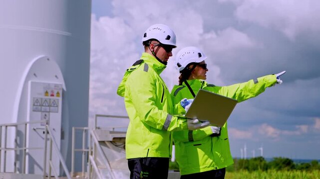 Engineers collaborate on wind turbine project remote location work setting outdoor close-up renewable energy