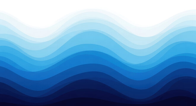 Gracefully flowing horizontal wavy blue layers with seamless gradient from light to dark, white top edge, ample copy space for text, concept of fluid motion and modern tranquility