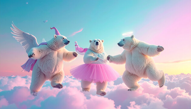 Whimsical polar bears dancing on clouds in fantasy sky