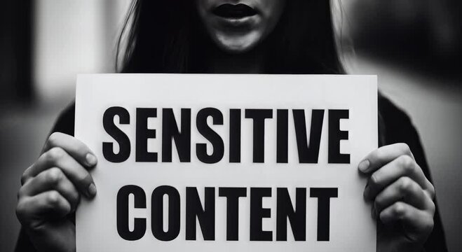 sensitive content warning sign held by person in black and white portrait