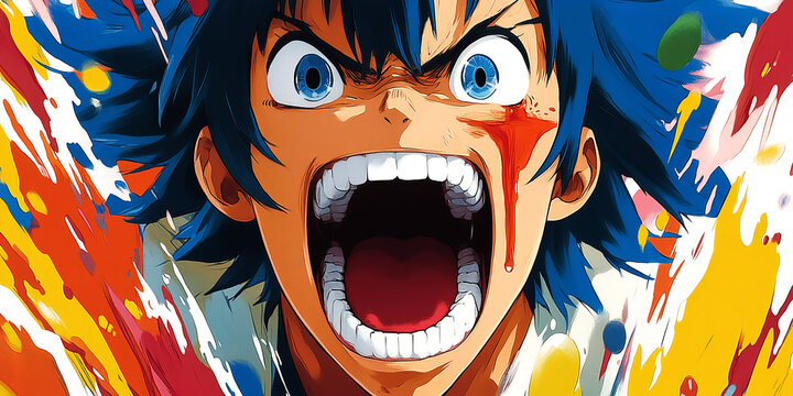 Dynamic anime-style illustration of a boy with blue hair screaming in intense fury or determination. The artwork features high-energy paint splashes in yellow, red, and blue, with a cinematic