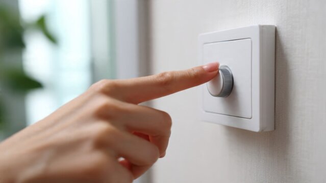 Hand Adjusting Dimmer Switch on Wall for Brightness Control