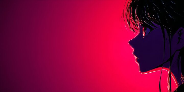Silhouette profile of an anime girl with dark hair and bright eyes against a vibrant magenta and red gradient background. Cinematic, high-contrast digital art with ample copy space.