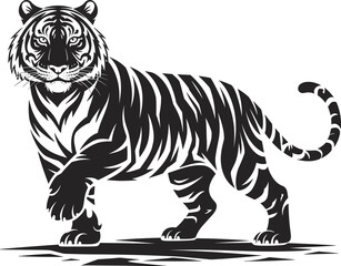 Obraz premium Black and white stylized tiger illustration in standing pose with raised paw, bold striped design for wildlife art, tattoo inspiration, logo, and decorative references