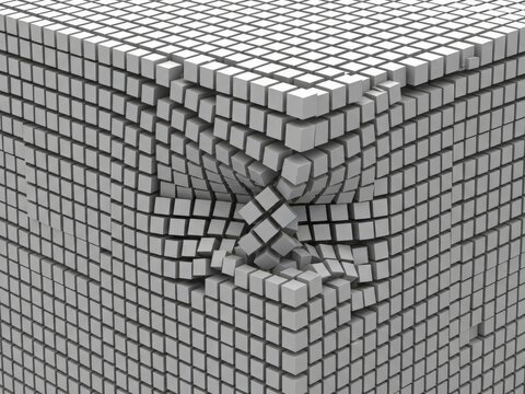 Strategic business decision concept Dense voxel structure demonstrates localized distortion with tactile