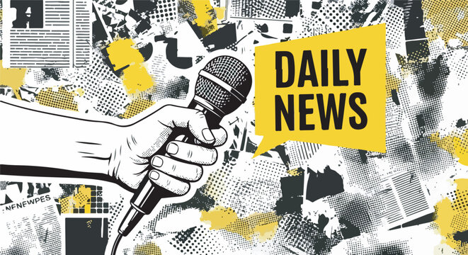 Journalist holding microphone on newspaper collage background eps 10