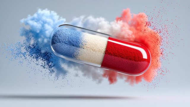 Colorful capsule filled with blue, white, and red powder floats in mid-air, surrounded by vibrant clouds of colored particles creating a dynamic visual effect