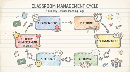 Naklejka premium Classroom Management Process Notebook Infographic for Positive Learning Environment and Teacher Support.