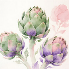 Obraz premium Watercolor painting of three green and purple artichokes