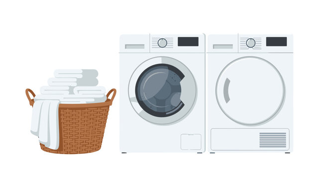 Washing machine, dryer, and laundry basket with towels on white.