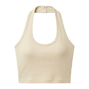 Beige ribbed halter neck crop top for women