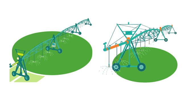 Illustration of center pivot irrigation systems watering green fields