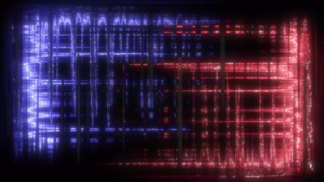 A dark, top-down view of a computer screen with a grid of colored squares in blue, red, and white, against a black backdrop for contrast and mystery.