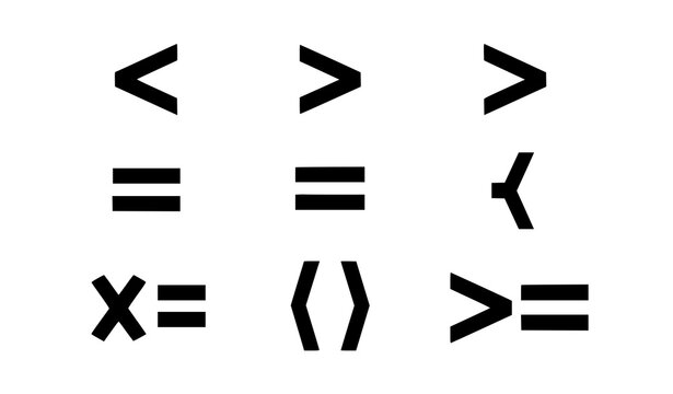 Mathematical comparison icons vector set with less than, greater than, and equality symbols isolated on transparent background