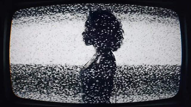 Muted transmission A lone silhouette emerges from a screen of analog television static, capturing a moment of lost signal, retro broadcast, and vintage media