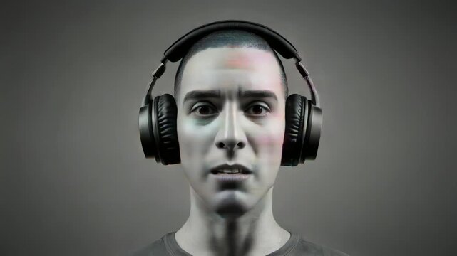レトロ音楽に没入するヘッドフォン姿の人物とグリッチ抽象ディストーション表現