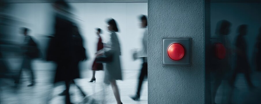Blurred figures in a hallway pass a lit red button on a textured wall