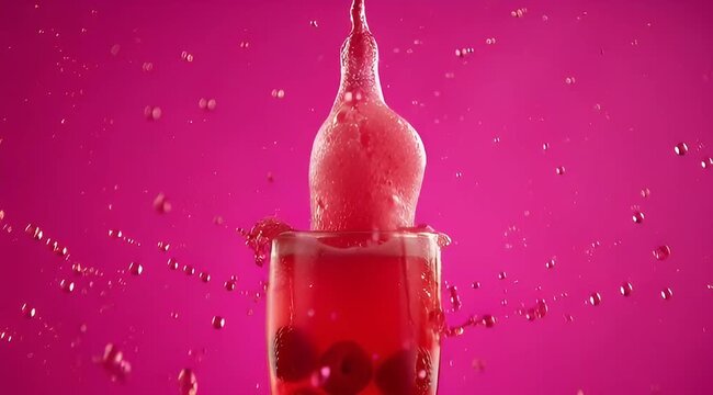 Raspberry drink splash in a glass with pink background in studio shot
