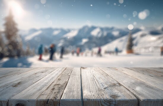 Sunlit wooden table overlooks a snowy mountain ski resort with blurred figures